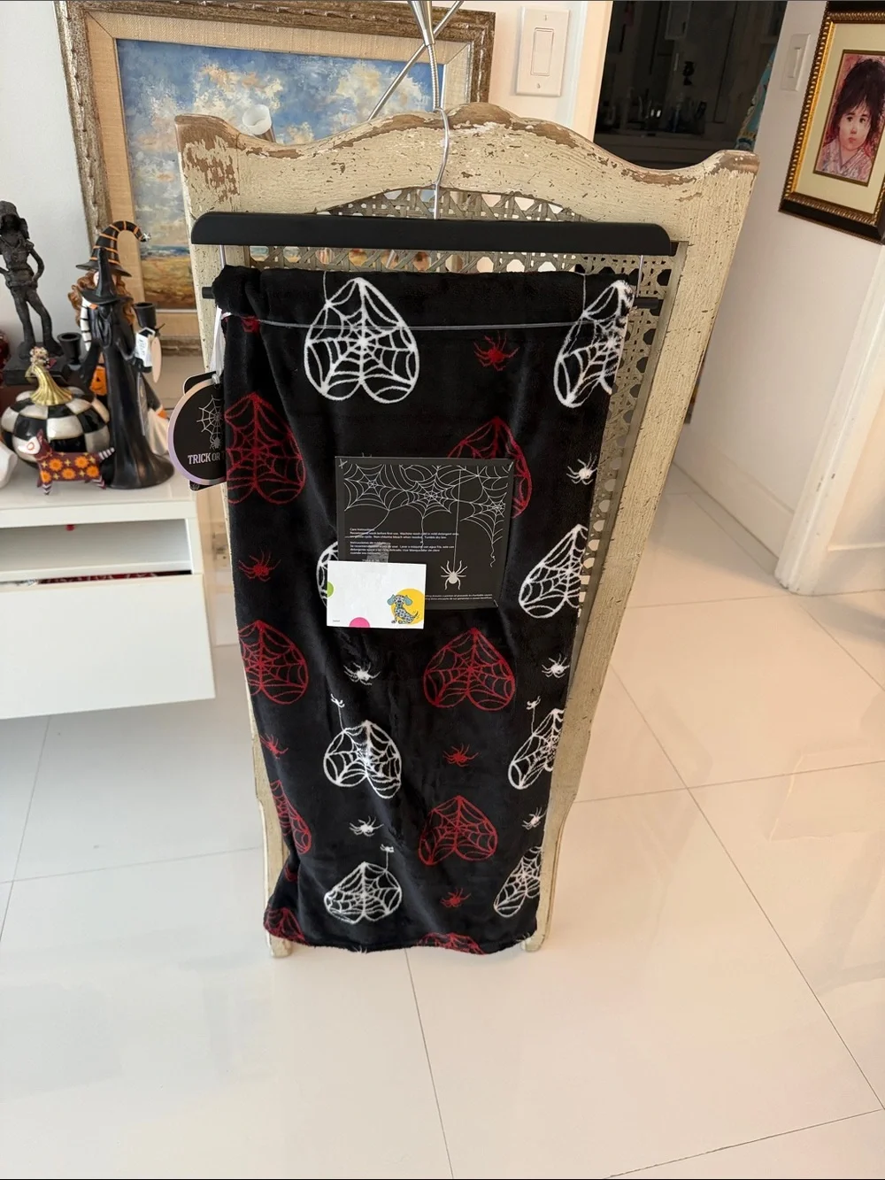 Trick or Treat Halloween Spider Web Throw Blanket in Black, Red & White